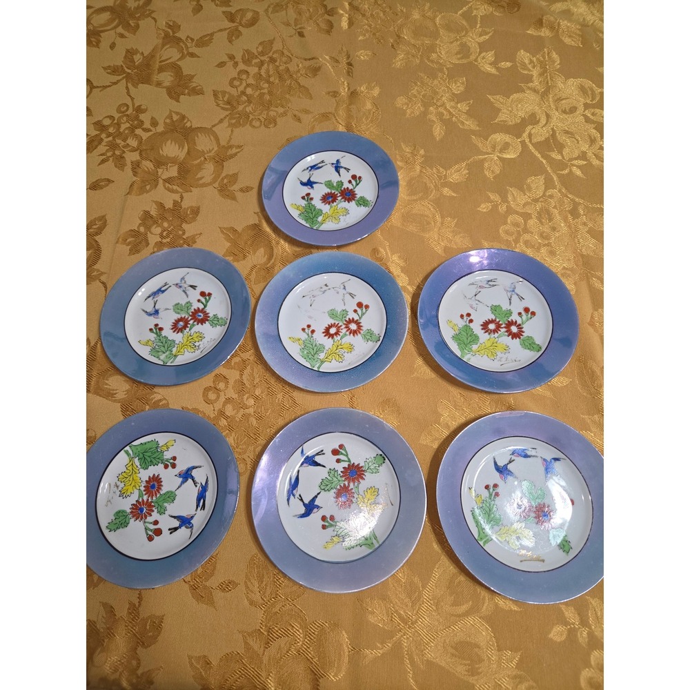 Vintage‎ Japanese Lusterware Bluebird Flower Plates Set of 7 Made in Japan Blue
